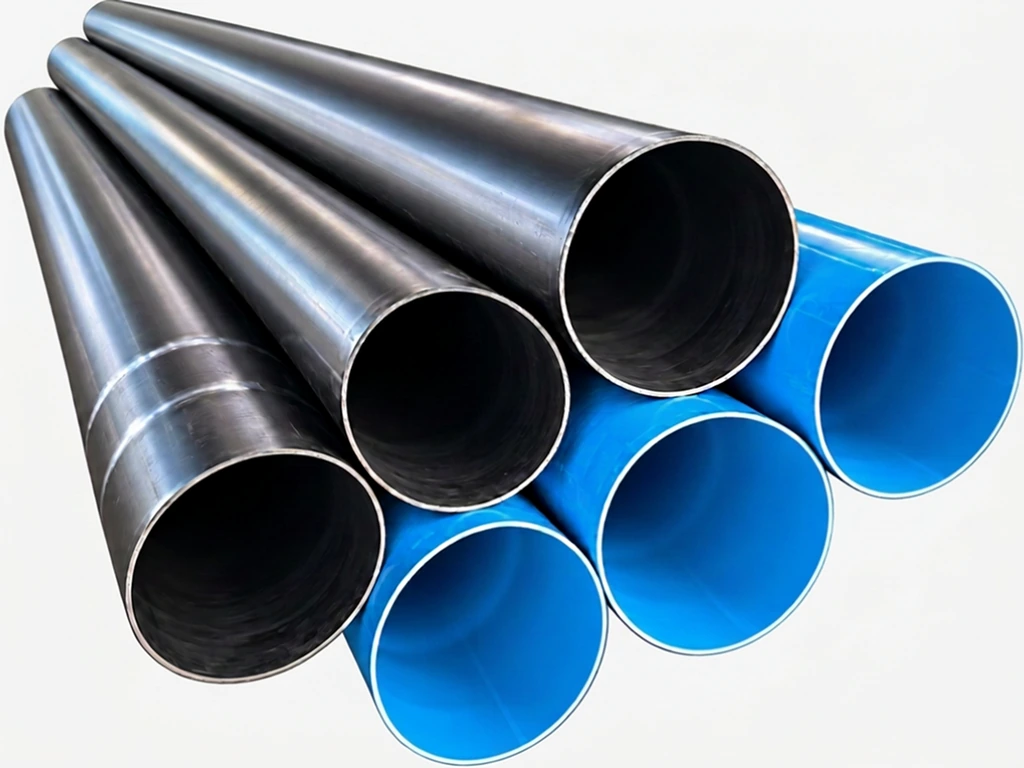 Uploaded factory photograph of black and blue 160 mm pipes