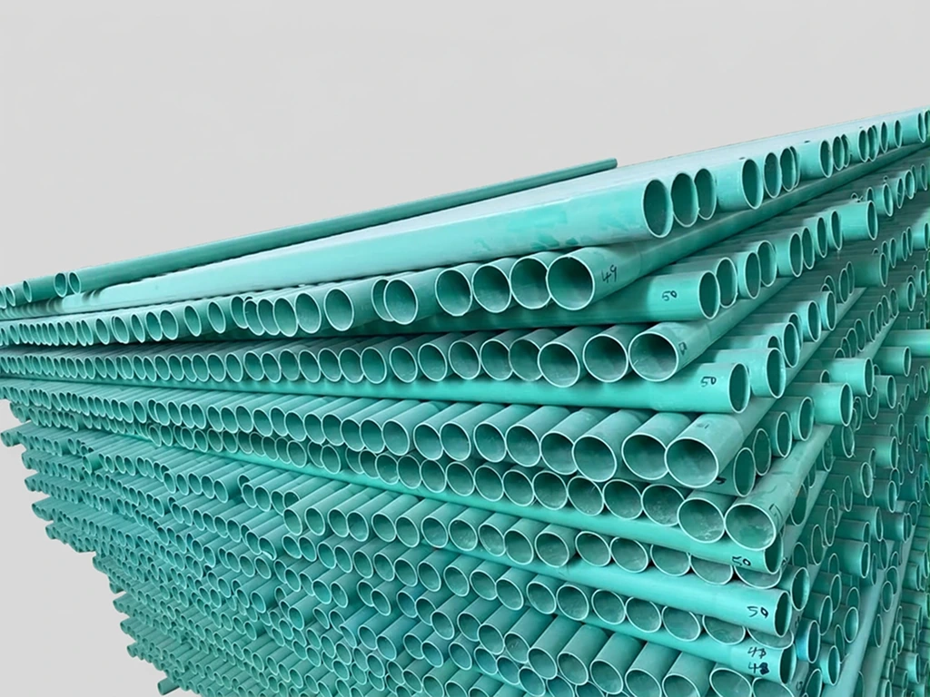 SNGT 50 mm PVC pipes stacked at the factory